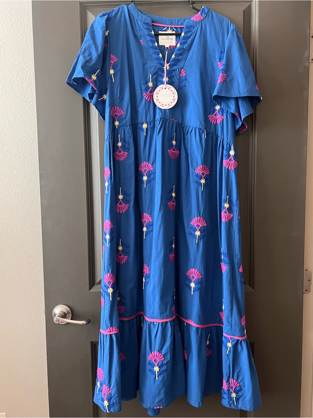 Umgee Blue Floral Embroidered Midi Dress